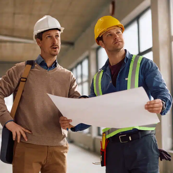 deux hommes effectuent un diagnostic suite à un litige sur un chantier de construction